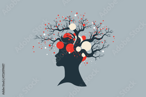Abstract Head Silhouette with Tree Branches and Digital Nodes – Brain, Growth and Business Concept Illustration