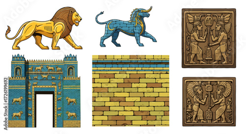 Historical Ancient Near East cultural illustrations featuring iconic Ishtar Gate, mythical animals, and detailed relief artwork for educational and design projects