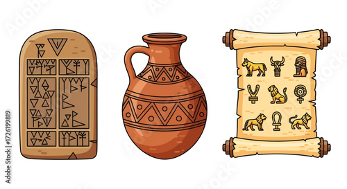 Ancient Mesopotamian Artifacts Cuneiform Tablet, Clay Pot, and Scroll with Symbols