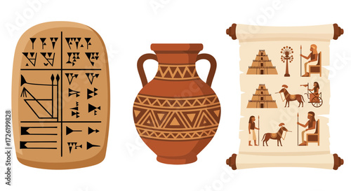 Ancient Mesopotamian artifacts cuneiform tablet, pottery, and scroll with hieroglyphs