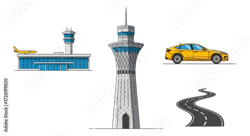 Airport and Transportation Icons Terminal, Control Tower, Car, and Road