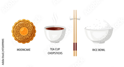 Traditional Asian Food and Dining Elements Mooncake, Tea, Chopsticks, and Rice Bowl