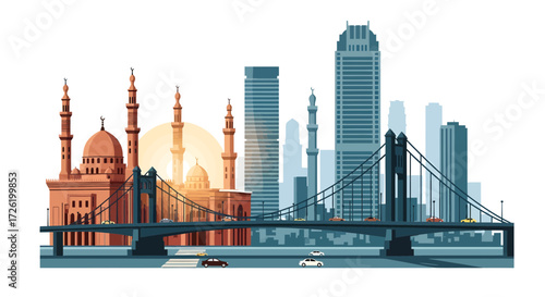 Iconic cityscape illustration featuring a bridge spanning a river with modern skyscrapers and a traditional mosque