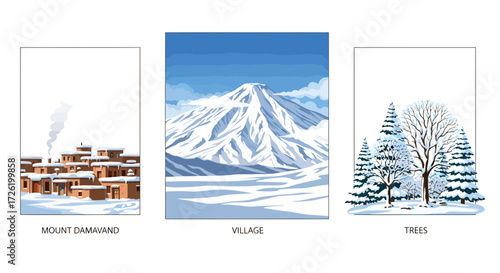 Illustrations of winter scenes Mount Damavand, a snowy village, and snow-covered trees