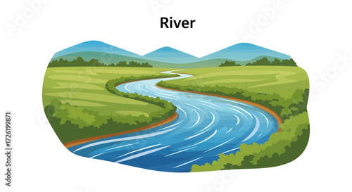 A winding river flows through a lush green landscape with rolling hills in the background, depicted in a vibrant illustration