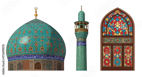 Traditional Islamic architectural elements including a dome, minaret, and ornate stained glass window
