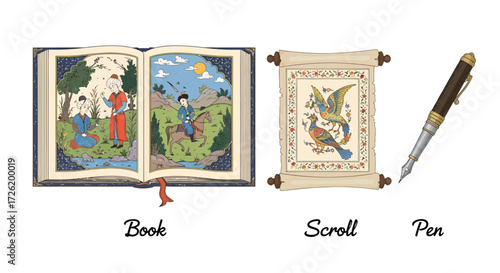 Vector illustrations of antique storybook, ornate historical scroll, and classic fountain pen, symbolizing ancient knowledge, literature, and traditional stories