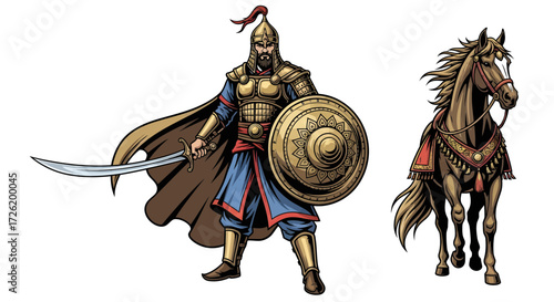 Vector illustration of a medieval warrior in golden armor with sword and shield, standing proudly beside his decorated warhorse, depicting historical cavalry
