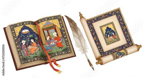 Illuminated manuscript, feathered quill, and decorative scroll. Reflecting ancient wisdom, historical artistry, and rich cultural storytelling from a bygone era