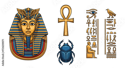 Ancient Egyptian Symbols Pharaoh's Mask, Ankh, Scarab Beetle, Hieroglyphs, and Eye of Horus