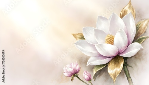 Elegant White Lotus Flower with Pink Buds on Soft Light Background for Floral Art and Nature Decor
