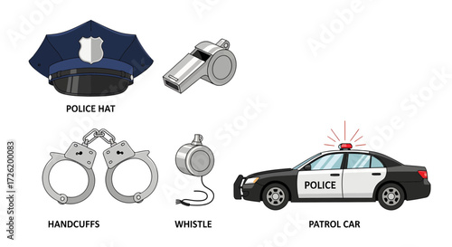 Vector set of essential law enforcement equipment and police accessories, featuring a patrol car, hat, handcuffs, and whistle on a clean white background