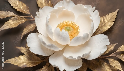 Elegant White Peony Flower with Gold-Toned Leaves on Dark Background for Floral Decoration or Botanical Design
