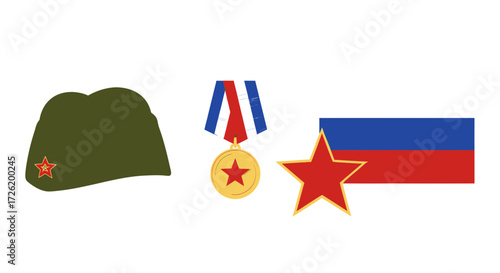 Collection of military symbols hat, medal, and flag of the Russian Federation on a white background