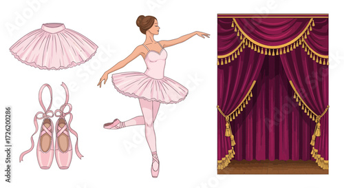 Ballerina Performing Ballet in Tutu and Pointe Shoes with Stage Curtains Illustration