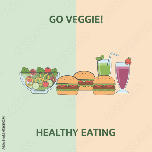 poster of vegetarian burgers, salads, smoothies on a clean pastel background.