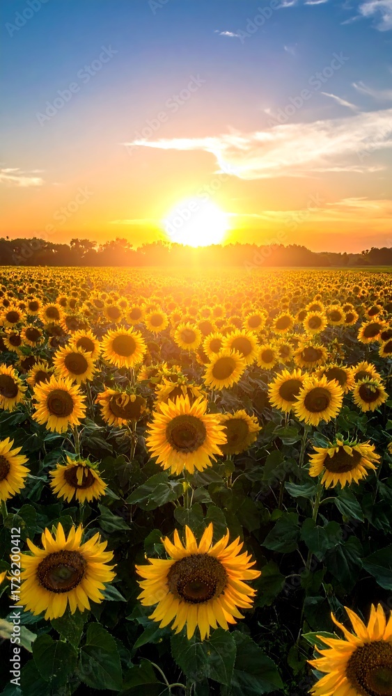 Fototapeta premium Vibrant sunset over a vast sunflower field (1)