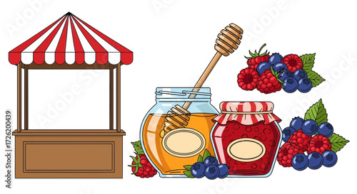 Market Stall with Honey and Berry Jam Jars, Fresh Berries, and a Wooden Honey Dipper