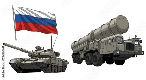 Military Equipment and Russian Flag Illustration