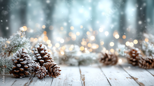A festive winter scene with snow-dusted pinecones and branches on rustic wooden planks, illuminated by soft, warm bokeh lights in the background