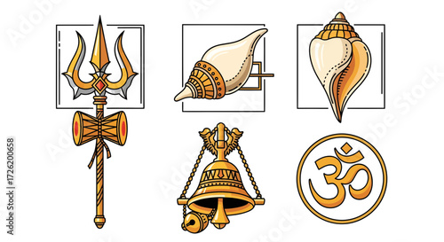 Traditional Hindu Religious Symbols Vector Collection on White Background
