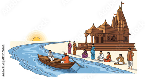 Traditional Indian scene with people by a river and a temple during sunset