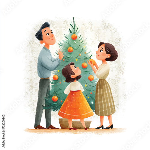 Happy family decorating Christmas tree together.