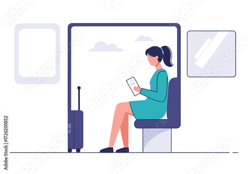 Woman reading book on train near luggage. Suitable for travel, reading, transportation, lifestyle, and commuterthemed designs or projects.