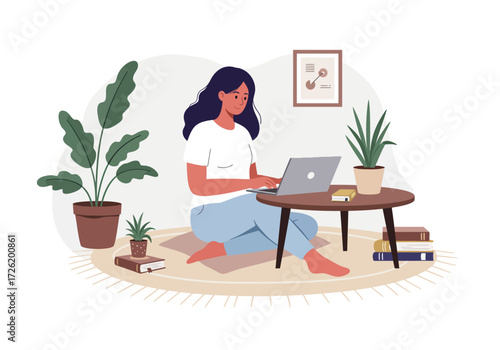 Woman working on laptop surrounded by plants indoors suitable for website banners, social media posts, or articles related to remote work.