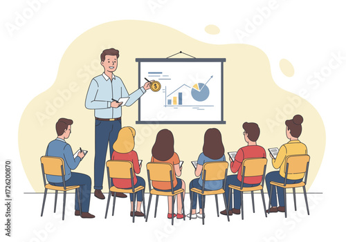 Suitable for presentations, business articles, and educational content. Shows a man sharing information with a focused audience in a professional setting.