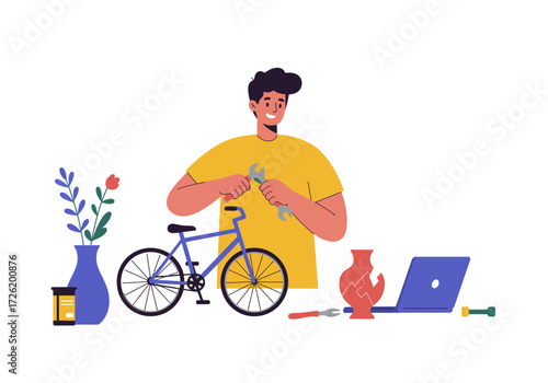 Man repairing bike with flowers and laptop nearby. Perfect for blog posts, social media graphics, and lifestyle website designs.