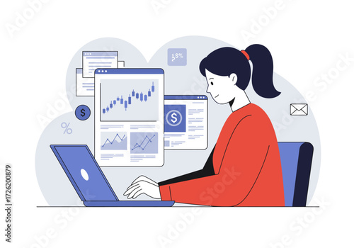 Financial analyst working on a laptop amid charts and dollar signs. Perfect for business presentations and financerelated designs.