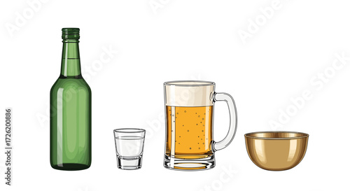 Diverse Alcoholic Beverages Collection Featuring a Green Bottle, Shot Glass, Beer Mug, and Traditional Golden Bowl