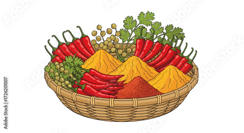 Rustic woven basket overflowing with a vibrant assortment of fresh red chili peppers, aromatic green herbs, and colorful powdered spices, ideal for diverse culinary applications