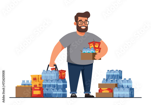 Bearded man with snacks surrounded by supplies suitable for outdoor adventure, survival, camping, hiking, travel, backpacking, and exploration themes.