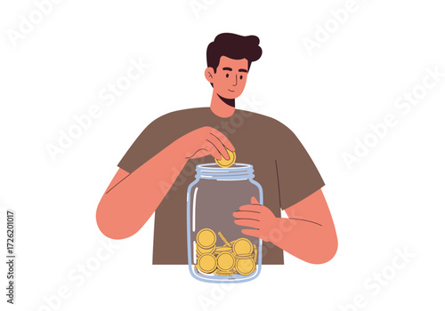 Man saving coins in jar for future goal. Suitable for financial planning, savings, investment, budgeting, saving goal, banking concepts.