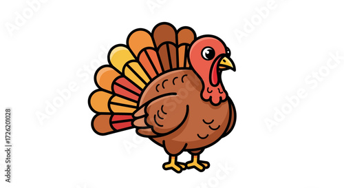 Vibrant vector illustration of a traditional Thanksgiving turkey, featuring bold autumn-colored feathers and a cheerful demeanor, presented on a clean white background for holiday designs