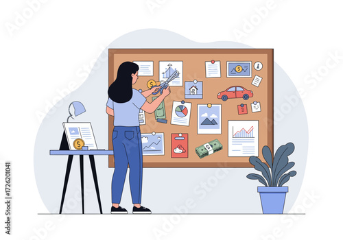 Motivational woman in front of bulletin board with images and goals. Suitable for goal setting, motivation, vision board concepts.