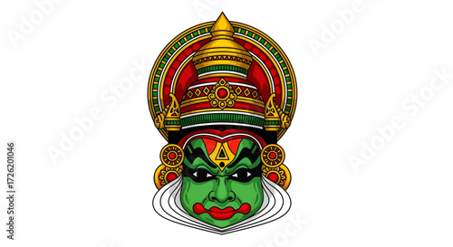 Traditional Kathakali Dancer Mask Illustration in Bold Vector Colors on White Background