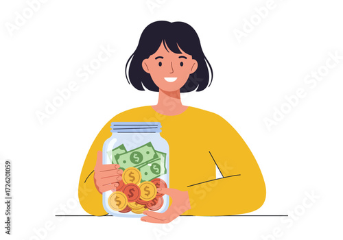 Woman smiles holding jar of bills and coins, financial success concept, budgeting, saving money, personal finance, investment, banking ads.
