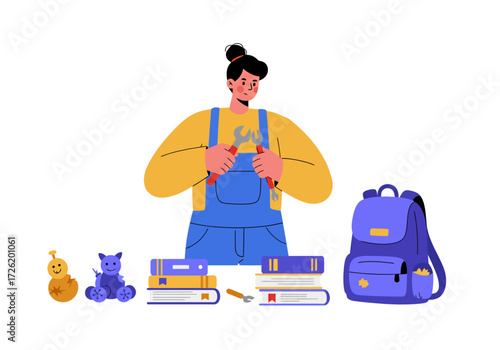 Person fixing toys, books, and backpack on a table  perfect for educational or repair themed designs and concepts.