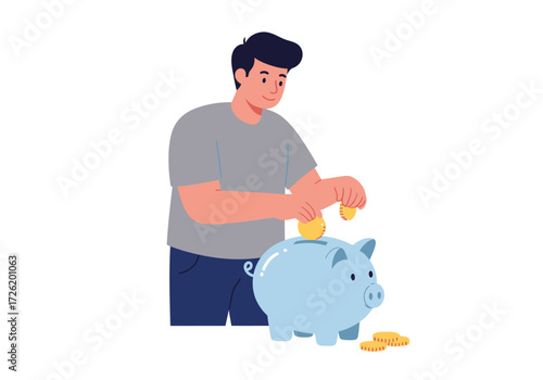 Man saving coins into a blue piggy bank figure. Suitable for financial planning or savings concept illustrations and designs.