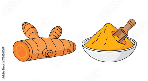 Fresh Turmeric Root and Ground Spice Powder Vector Illustration, Essential Healthy Cooking Ingredient with Scoop in Bowl