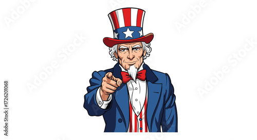 Vector illustration of a classic patriotic national figure in a red, white, and blue striped top hat and suit, pointing forward, symbolizing unity and American resolve