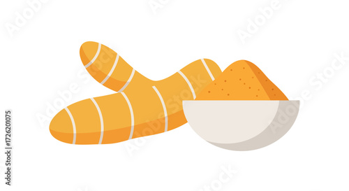 Fresh turmeric root and finely ground golden powder in a bowl, essential healthy spice for culinary uses and natural remedies, presented as a clean flat vector illustration