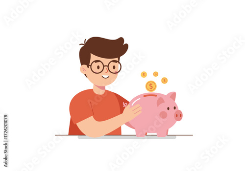 Boy saving gold coins in piggy bank. Great for finance, savings, money management concepts in websites, blogs, and educational materials.