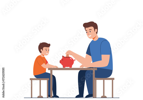 Father and son saving together by putting a coin into a piggy bank. Education, finance, family, savings, parenting, investment concepts.