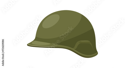 Flat vector icon of an army helmet, representing military protection and soldier's defense gear. Olive green headwear for security concepts on a white background