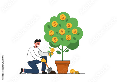 Man planting money seeds in soil to grow money tree showing wealth and abundance concept. Suitable for finance and investment themes.