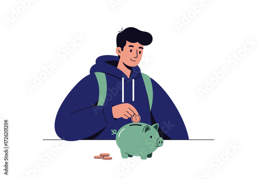 Young man saving money by depositing a coin in a green piggy bank. Ideal for finance or savings concepts.